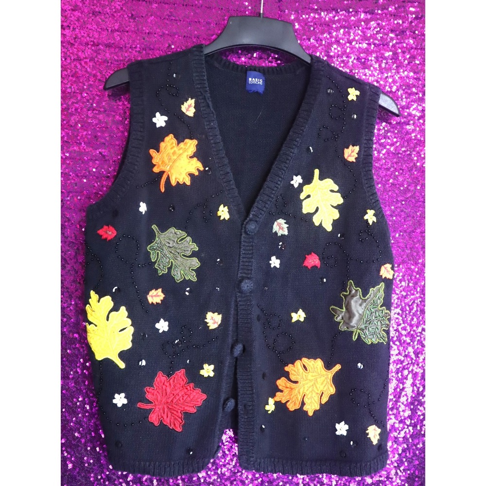 Black Sweater Vest XL Basic Editions Women Fall Leaves Embroidered Beaded Button